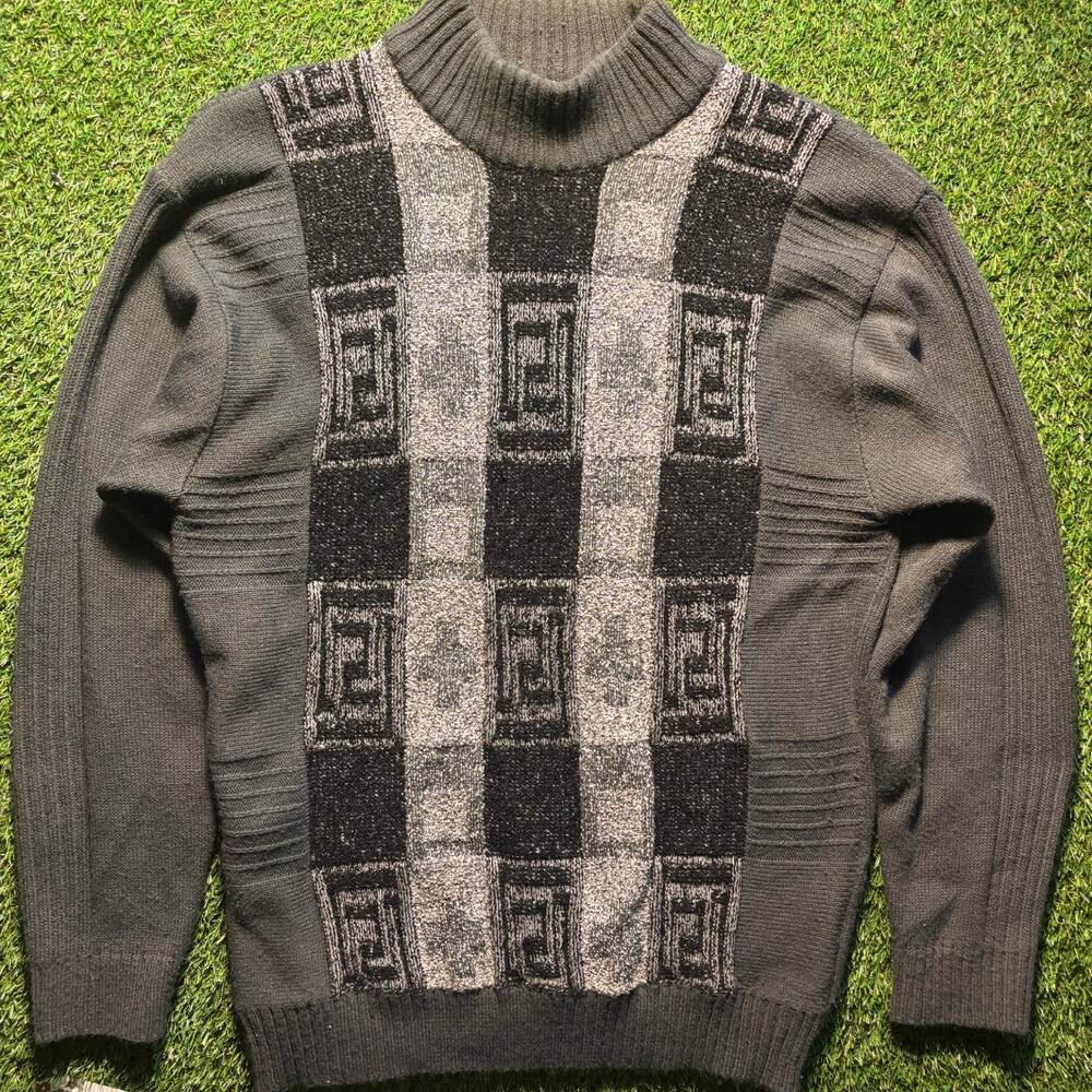 Vintage 90s Syllables Mock Neck Sweater Gray Geometric Knit Men's L